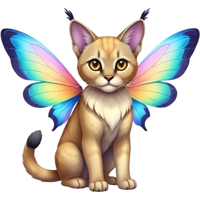Colorful Neon exotic ethereal iridescent tropical shiny Fantasy-Siamese-Bobcat-Caracal-Moth-Scottish-Fold-feline-Fakémon-feline-hybrid (full body) emoji
