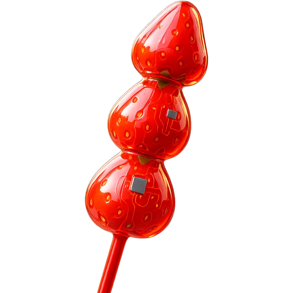 glossy red candied strawberry skewers (Tanghulu) with a crystal-clear sugar coating, reflecting light, held vertically, street food background blurred, high realism, sharp details, vibrant colors emoji