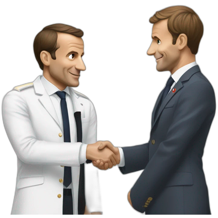 emmmanuel macron shaking hand with a saussage emoji