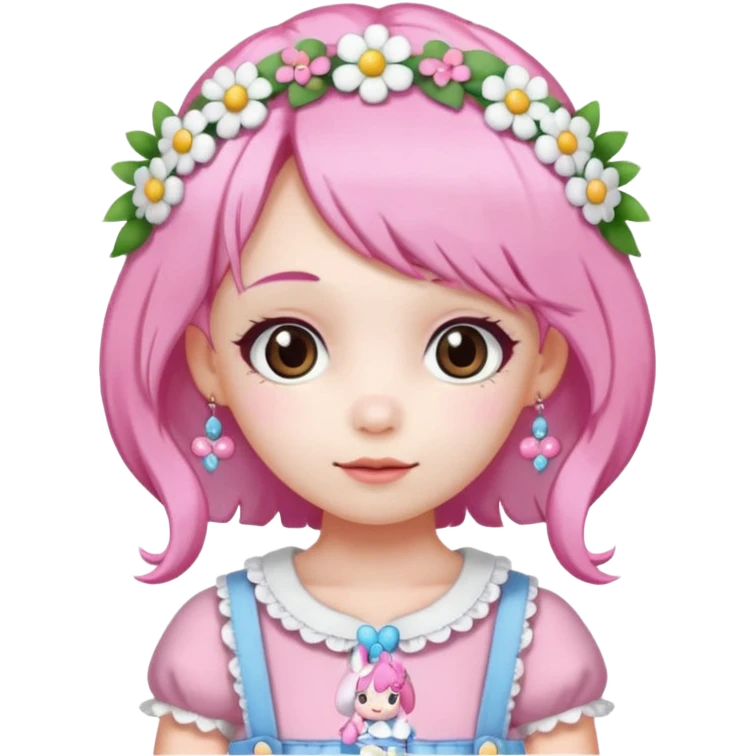 A girl with pink and white hair, adorned with flowers as hair accessories, wearing My Melody clothing.Let the girl be older  emoji