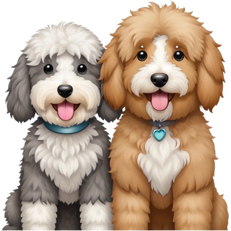 Gray and white sheepadoodle and an apricot goldendoodle  emoji