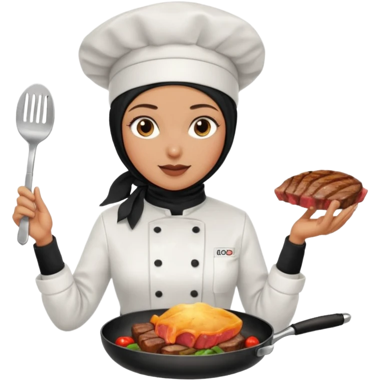 chef woman with black hijab cooking steak emoji