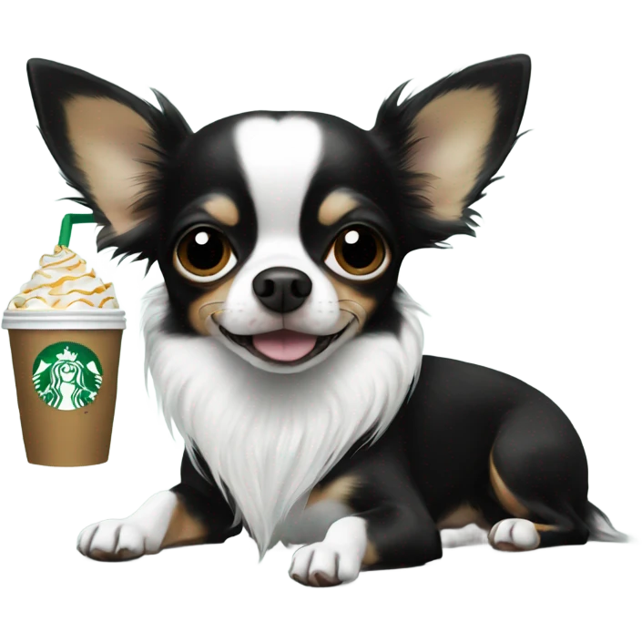 Black white long hair chihuahua eating Starbucks  emoji