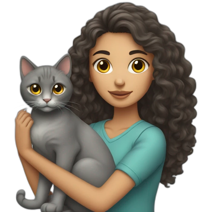 Young brunett woman with long curly hair holding a grey cat emoji