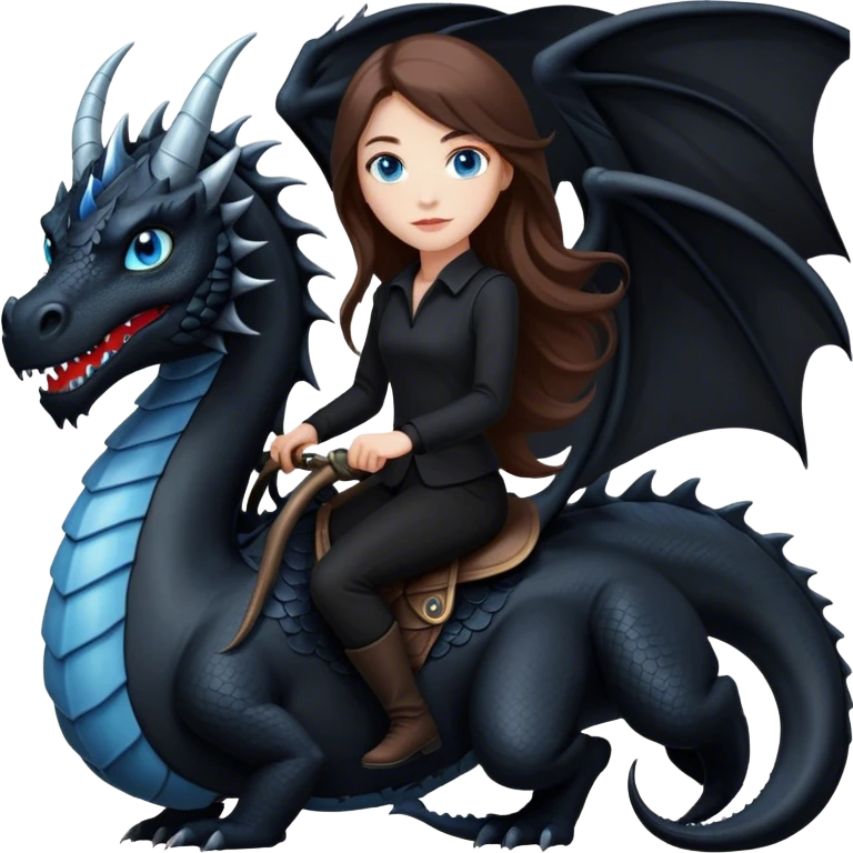 Me, a white female with long brown hair and blue eyes, wearing nothing but black clothes, and riding a VERY BLACK dragon with HINTS of RED, to your work emoji