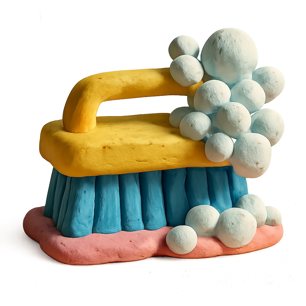 cleaning brush with soap bubbles, pastel palette, visible clay texture in claymation style emoji