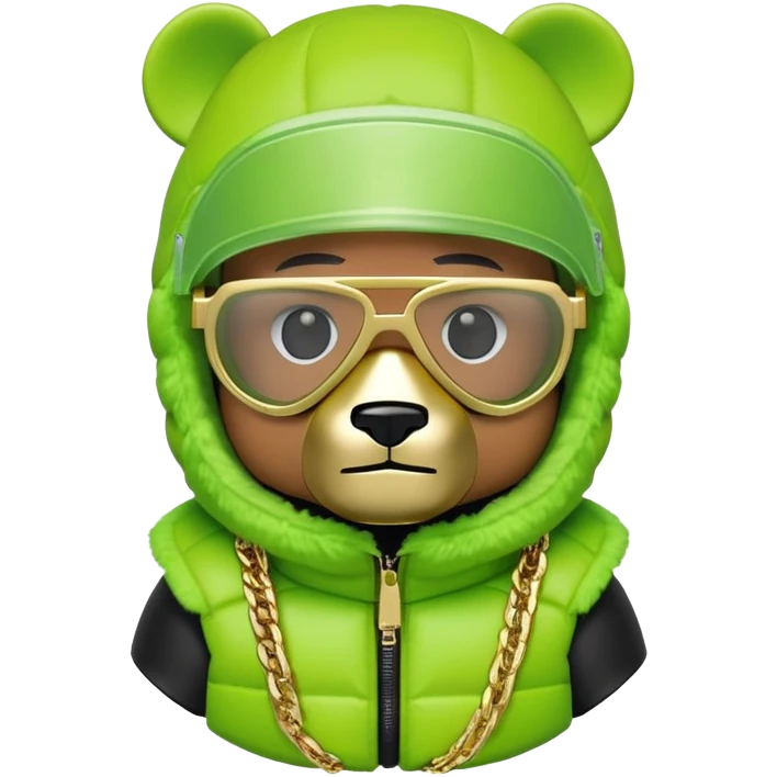 geometric bearbrick in lime green balaclava with brand tags, eyes replaced by integrated single-piece visor lens built into mask itself, not as separate glasses, down jacket with fur hood, gold chains emoji