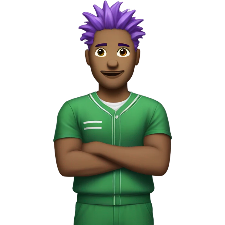 Man with purple hair spiked up in a green jumpsuit with white lines on his arms and the number two hundred and thirty emoji
