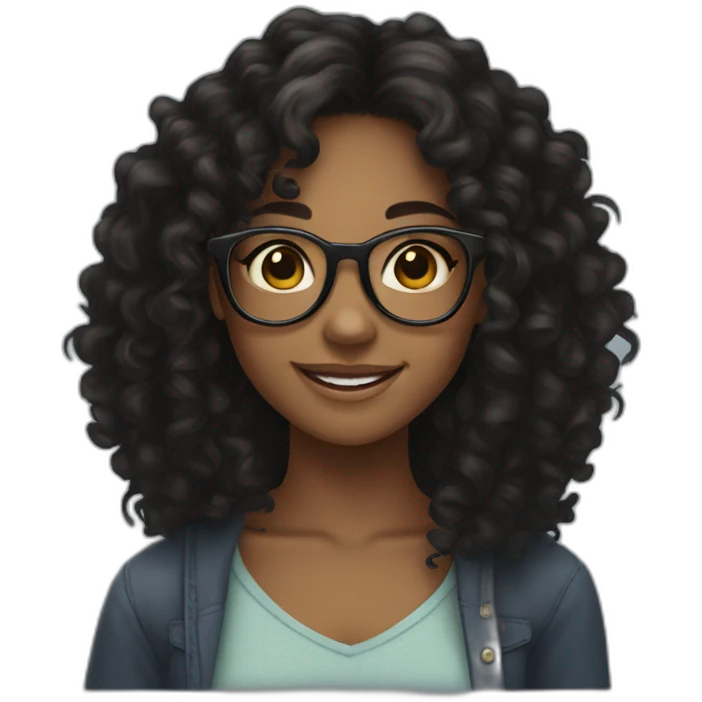 smiling black teenager girl with long black curly hair and round glasses emoji