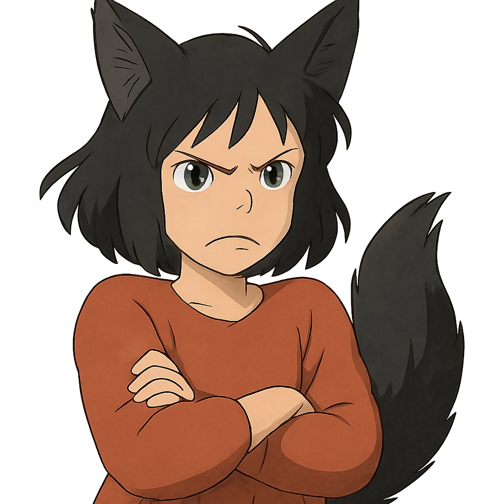 A girl with black fox ears and a tail, green eyes, dark hair, looking angry emoji