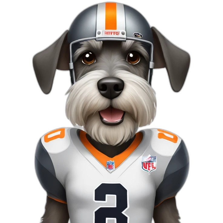 A dog schnauzer wearing football pads and  a helmet of the Bears emoji