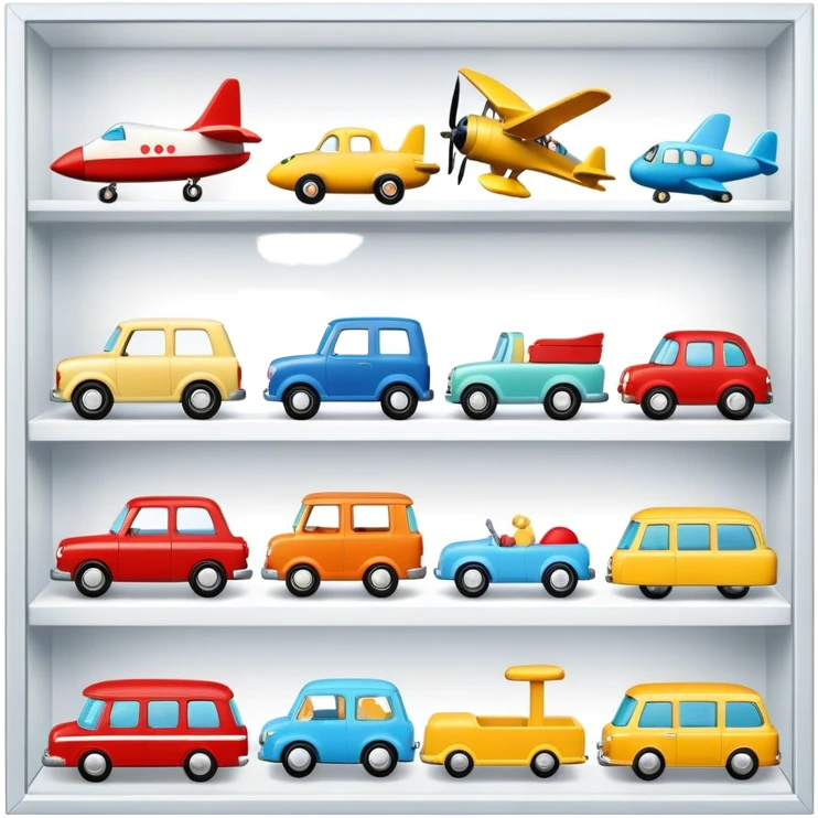 Icon for Toy Collecting: a collection of various vintage toys such as dolls, tumblers, cars, planes, ships, action figures and plush animals, displayed neatly on shelves or in display cases. The icon should evoke the joy and nostalgia of collecting toys. Transparent background. emoji