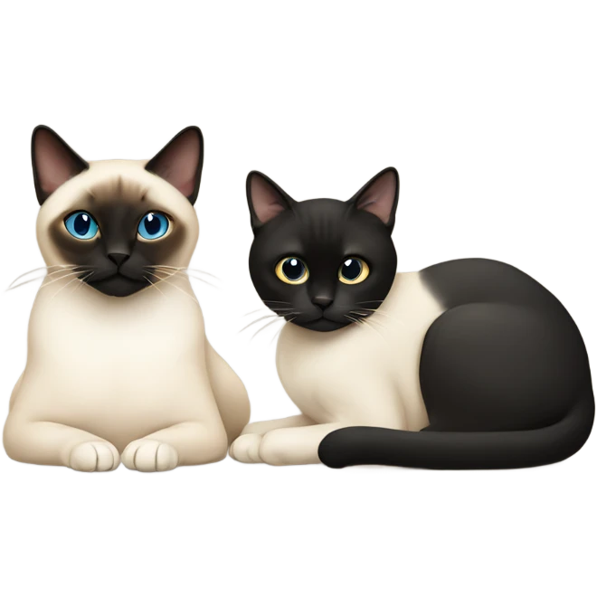 A thin Siamese cat and a chubby black cat sitting together emoji