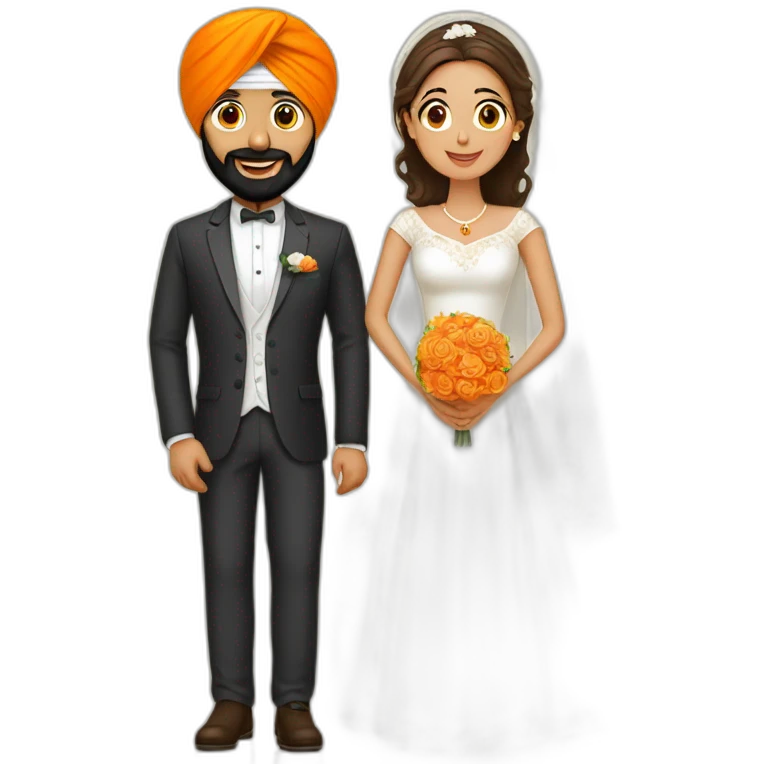 A Sikh man with an orange turban and white dress, with his wife at their wedding emoji