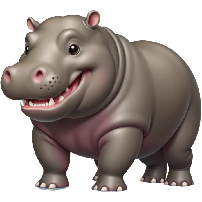 cinematic-hippo-realistic-full-body side view-standing on all fours-emoji,-massive-round-frame,-wide-mouthed-grin-exposing-huge-teeth,-head-tilted-dramatically,-thick-greyish-brown-hide-glossy-from-water,-simplified-yet-realistic-focused-features,-highly-detailed,-glowing-with-an-almost-sarcastic-glow emoji