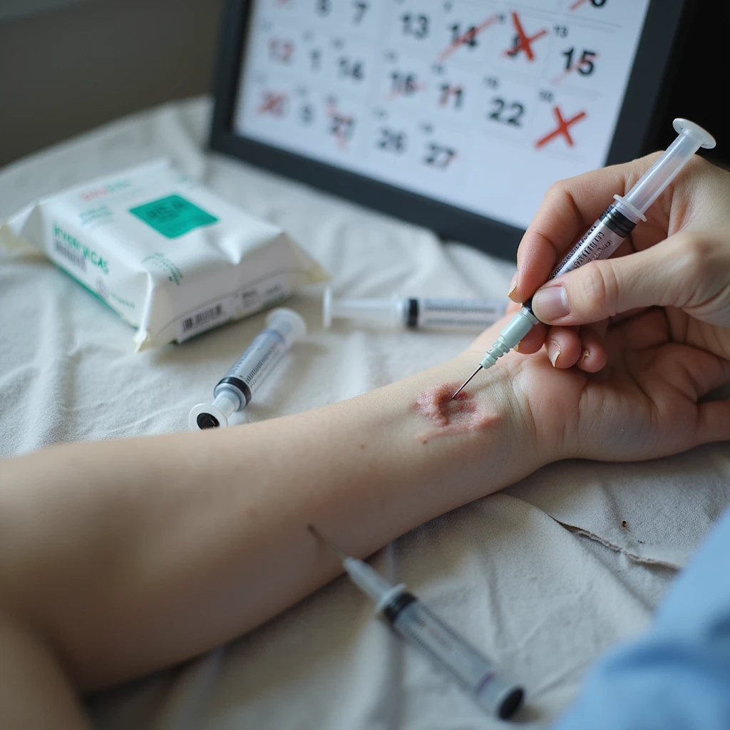 realistic close-up of a hand injecting medicine into the gluteus, sterile syringes, disinfectant wipes, calendar with crossed out days, labels in Italian, everyday preparation scene emoji