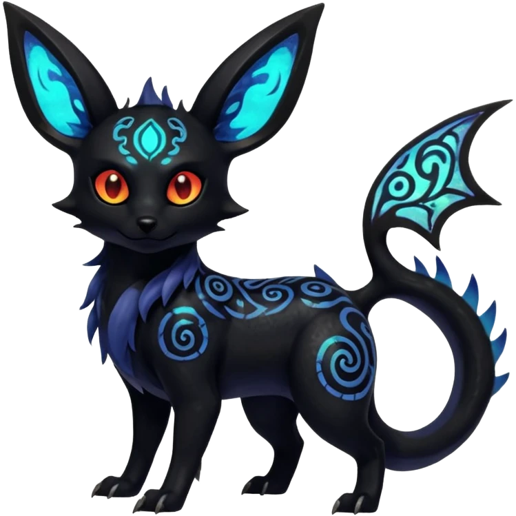 Shiny Fiery Dark Ugly Evil Realistic Glowing Eldritch Horror Cool Edgy Badass Emo Glorious Demonic Batty Punky Aural Iridescent Fluorescent Bioluminescent Umbreon-Amaura-Salandit-Litten-Flareon-Fakémon-fusion (full body) with intricate pattern markings emoji