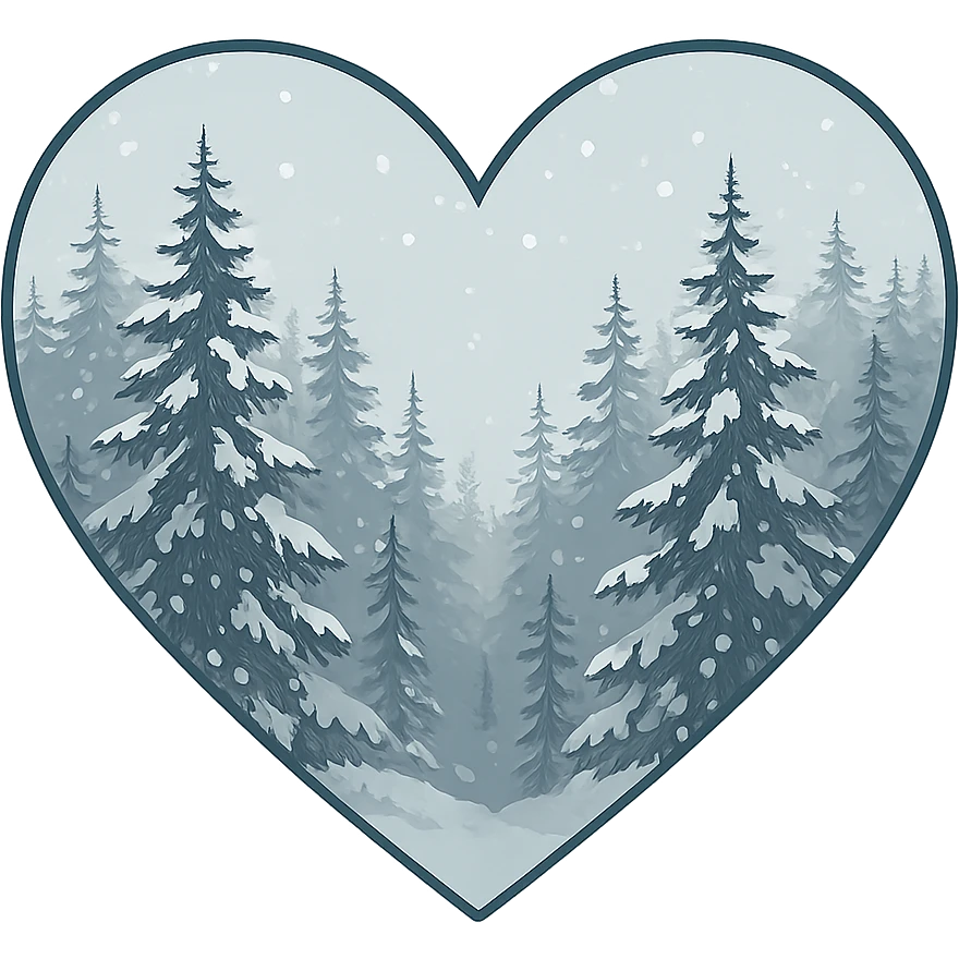 heart with a snowy evergreen forest, clean digital illustration emoji