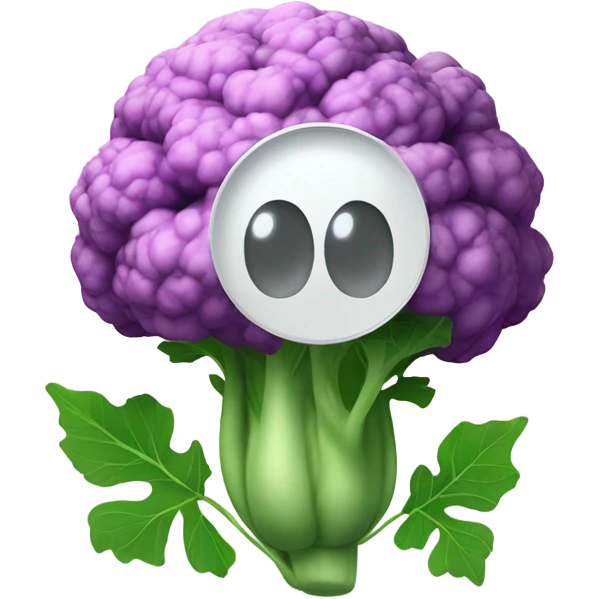 "Create a 3D cauliflower character with a mysterious face, big eyes, and green leaves, holding a mirror in its leafy hands, floating in the air. Background: white (#FFFFFF)." emoji