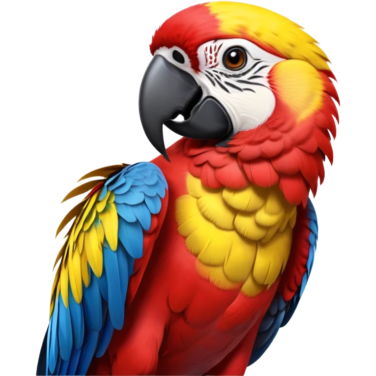 cinematic-macaw-realistic-full-body-standing-emoji,-vibrant-feathers-glowing-with-rich-reds,-blues,-and-yellows,-head-tilted-dramatically,-curved-black-beak-gleaming,-piercing-dark-eyes-exuding-confidence,-simplified-yet-realistic-focused emoji
