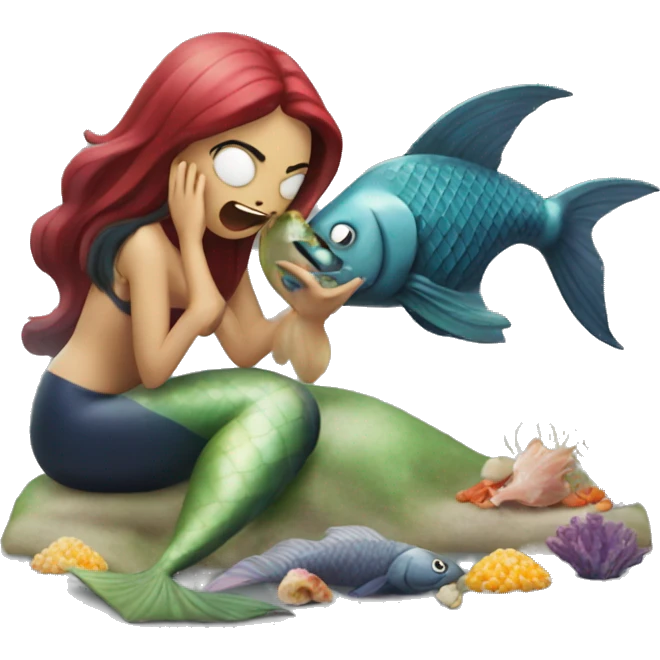 mermaid devouring fish while man watches emoji