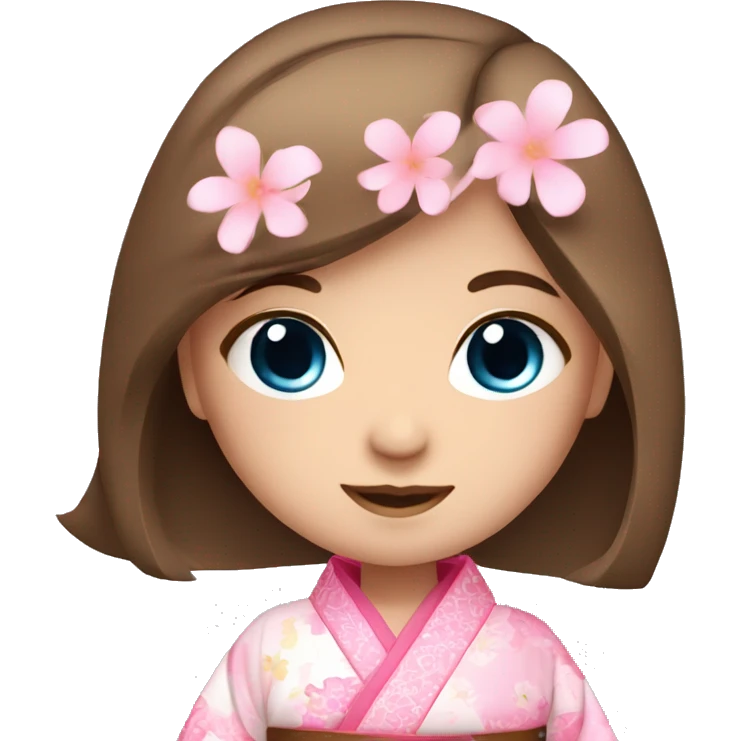 cute girl brown straight hair and blue eyes in pink flower kimono emoji