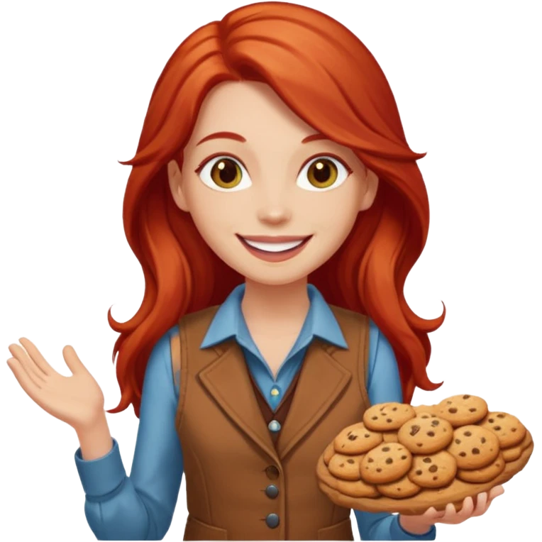 white girl scout with red long hair selling cookies with a brown vest emoji