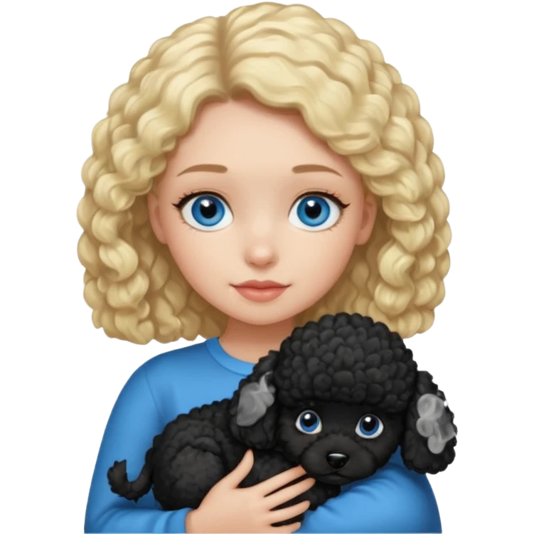 blonde girl with blue eyes holding black puppy poodle emoji