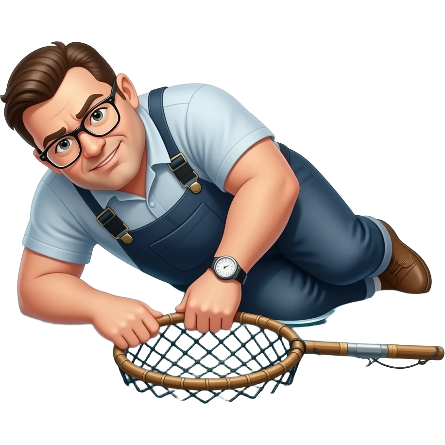 a fat guy with glasses that fell into the water lying on the ground with a fishing net emoji