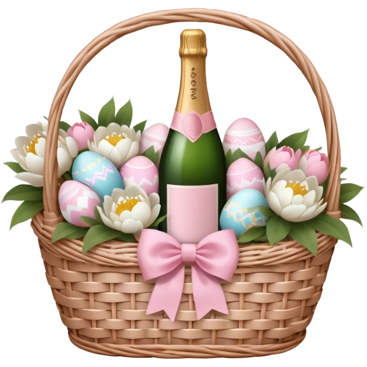 White Picnic basket with light pink bow, white peonies, pink easter eggs and one pink champage bottle inside emoji