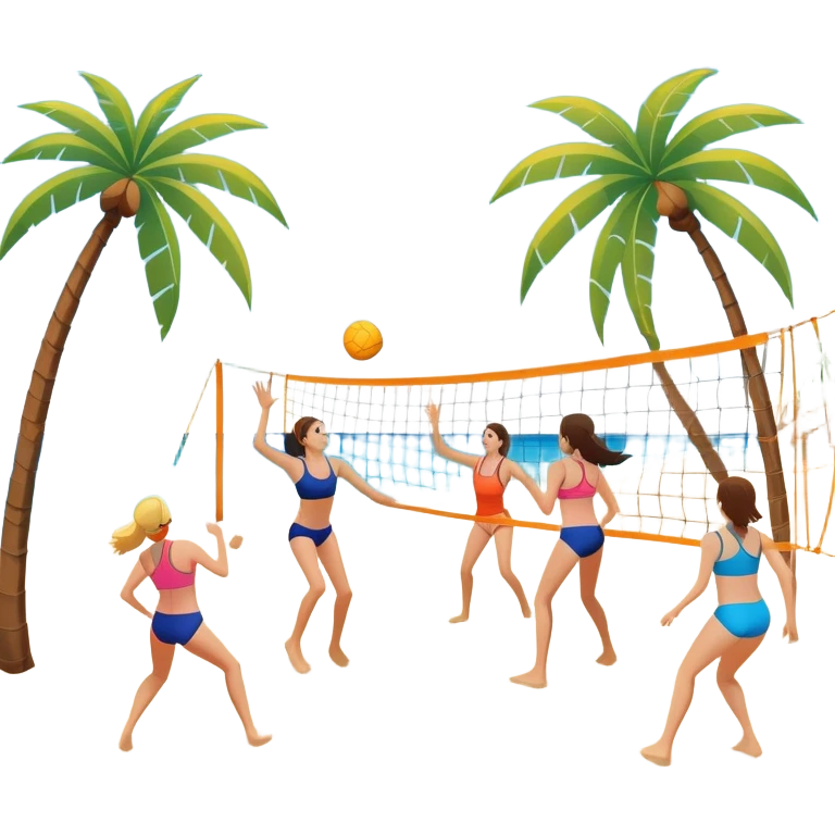 The scene captures a sunny beach atmosphere with clear blue sea and sky, palm trees swaying, and people in swimsuits enjoying the vibrant surroundings. A volleyball resting on the orange sand ground of a beach, with a volleyball net in the background.  emoji