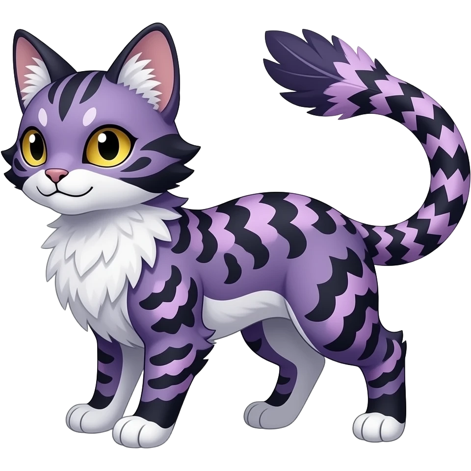 Furry, feathery fluffy tropical flecked painted feathery scaly, Purple, white, black, Minccino-Bambino-Lykoi-Linoone-Zangoose-fusion-hybrid-animal-Fakémon-creature, full body, thin long sleek scaly tail, intricate markings emoji