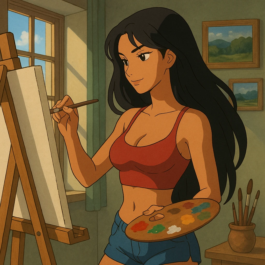 sexy tanned woman artist with long black hair, painting at an easel, holding a paint palette and brush, in ghibli style emoji