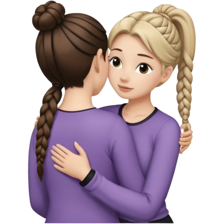 Comforting Hug two white skin women, one shorter woman with medium brown simple top ponytail, not braided, and one taller woman with a single long black side braid emoji