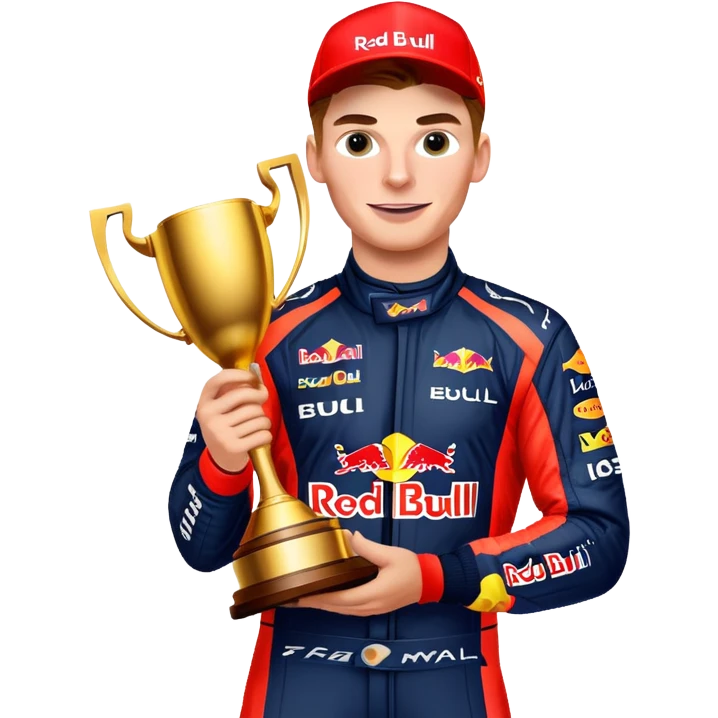 Max Verstappen celebrating with trophy, Red Bull racing suit, no text emoji
