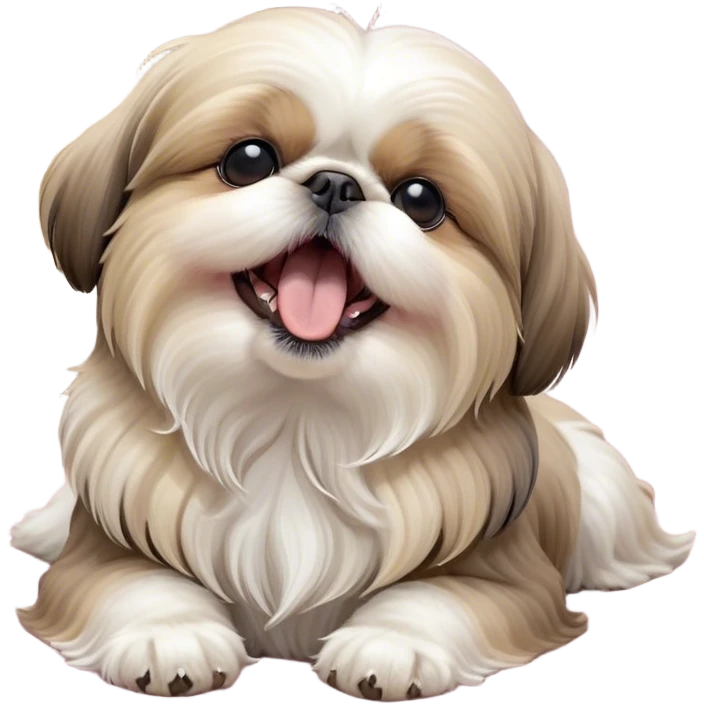 Cinematic Cute Yawning Shih Tzu Portrait Emoji, Head gently tilted with an irresistibly cute yawn and sleepy, half-closed eyes, showcasing a luxurious, fluffy fur in gentle pastel tones, simplified yet endearingly detailed, glowing with a soft, drowsy radiance, high shine, exuding tender, sleepy charm, styled with a delicate, soft glowing outline, capturing the essence of a Shih Tzu caught in a moment of adorable, sleepy bliss! emoji