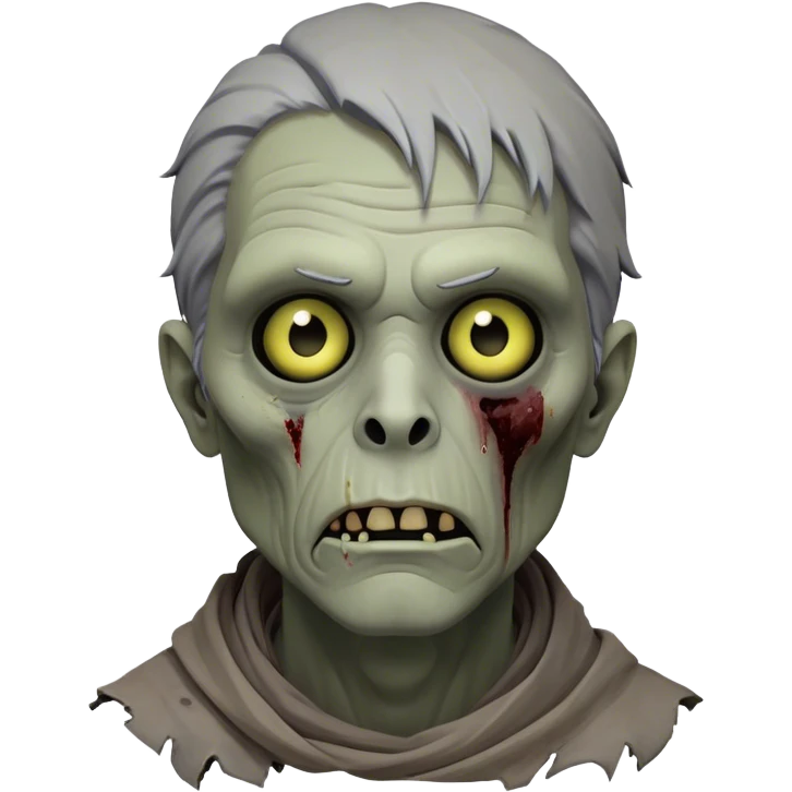 Cinematic Noble Zombie Portrait Emoji, Surprisingly dignified and somber, with a decaying yet strangely regal visage in ashen grays and muted tones, draped in tattered attire hinting at a lost grandeur, simplified yet meticulously detailed, glowing with a soft, eerie radiance and a gentle outline that evokes the tragic nobility of the undead! emoji