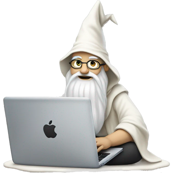 white-skinned Wizard sitting cross legged and doing deep work on a Macbook emoji