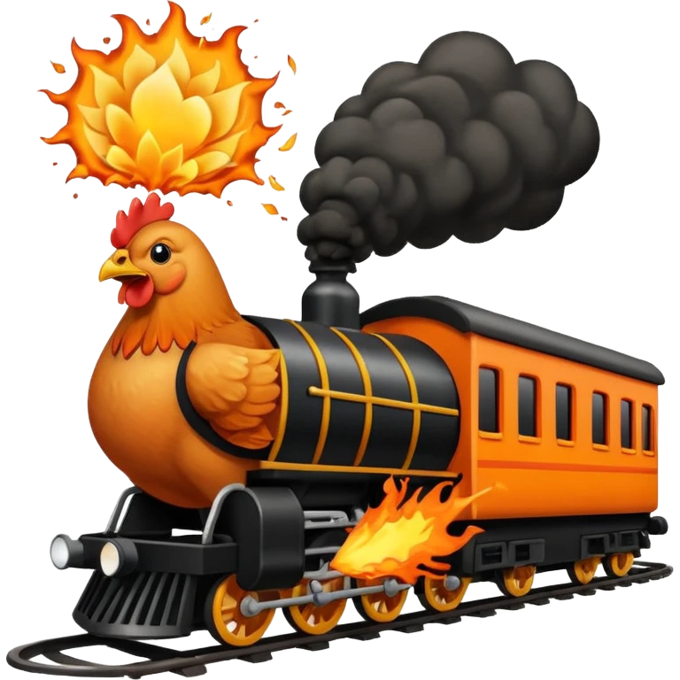 Chicken eating a train while exploding emoji