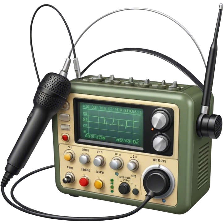 A photorealistic icon featuring a ham radio transceiver, headphones, microphone, antenna, radio equipment like soldering tools and cables, soldering iron in use. The design includes detailed textures and realistic lighting. Transparent background. emoji