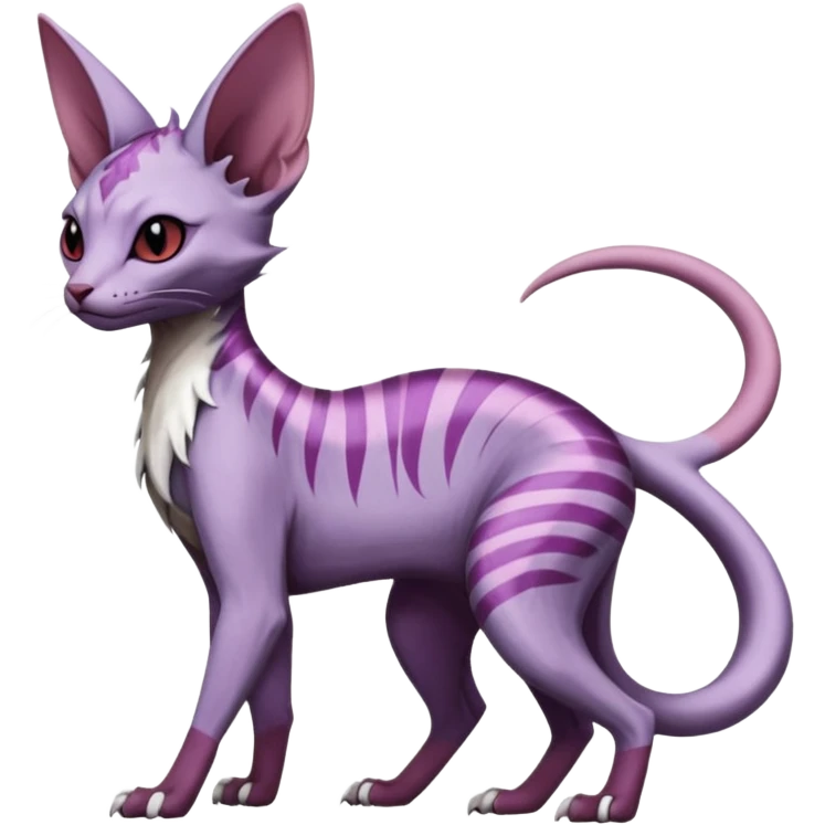 Furry, scaly, Purple, white, black, Minccino-Sphynx-Lykoi-Linoone-Zangoose-fusion-hybrid-animal-Fakémon-creature, full body, thin long sleek scaly tail, intricate markings emoji