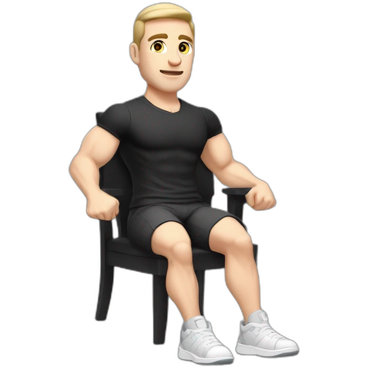 Pale skinned Fit Man With the biceps and dark brown hair in black shirt, gray sports shorts and white Sneakers Sitting on a chair emoji