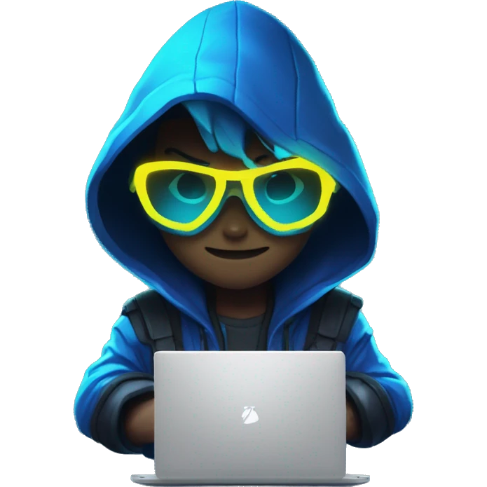 developer behind his laptop with this style : Riot Games Valorant neon glowing bright blue character blue black hooded assassin themed character emoji