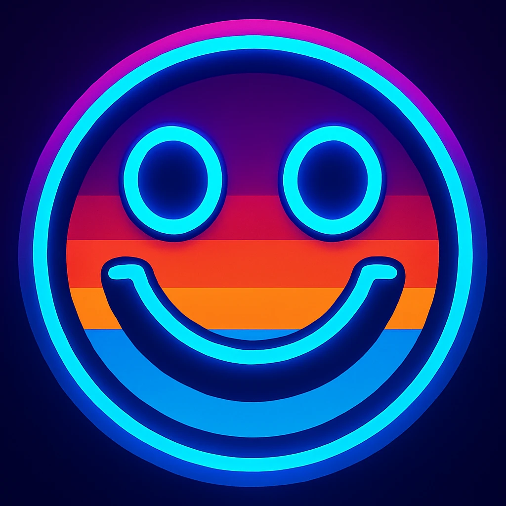 Update the image to use the exact color scheme from the new reference (vivid neon blue, pink, orange, and purple 80's retro colors), keeping the bold smiley face, glowing neon outlines, horizontal color stripes, and clean digital look. Match the vibrancy and palette of the new reference image. emoji