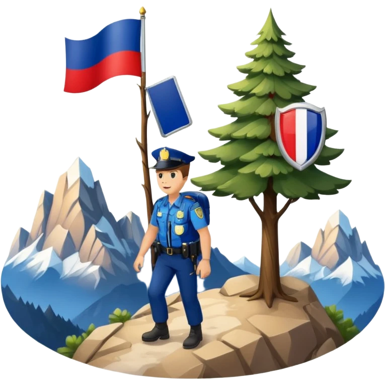 Adventurous man hiking with a police badge with mountains in the background. The French flag is on a tree emoji