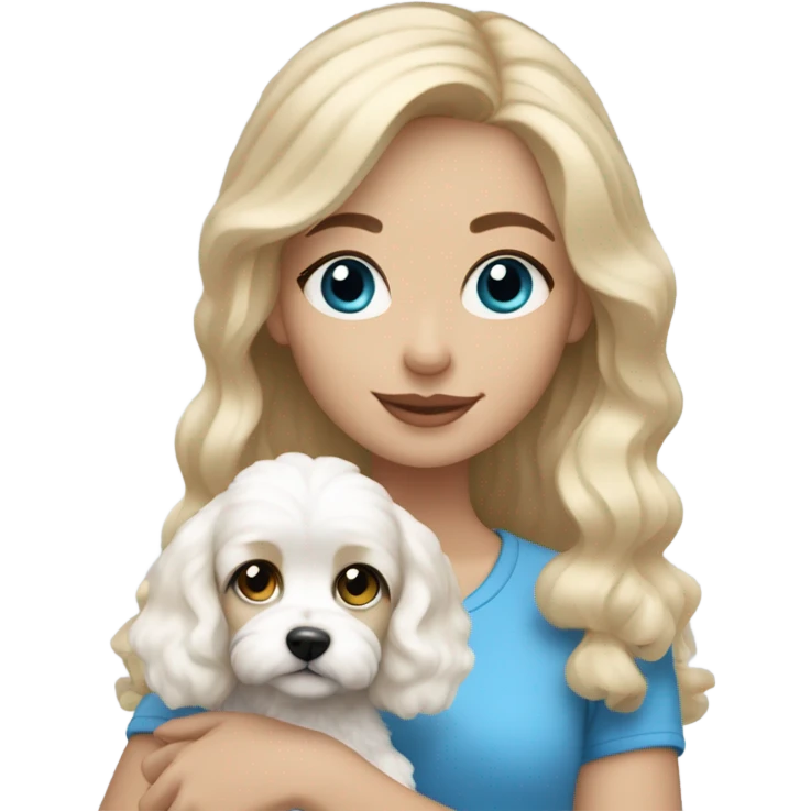 Blonde-haired girl with blue eyes, cute top and holding white cavachon dog emoji