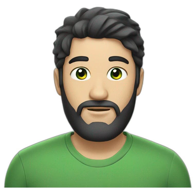 Man with black hair and beard, and green eyes, gray caps emoji
