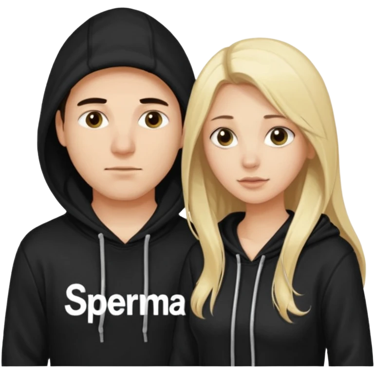 chce by to byla taka emotka 🙍‍♂️
chlopaka z czarnymi losami i czarna bluza z biaty.m
napisem "sperma" na srdoku i zeby za nim stala taka ladna blondynka z dlugaimi wlosami i ona  ciagnaca za sznurek od
kaptura od bluzy tej pierwszej osobyl emoji
