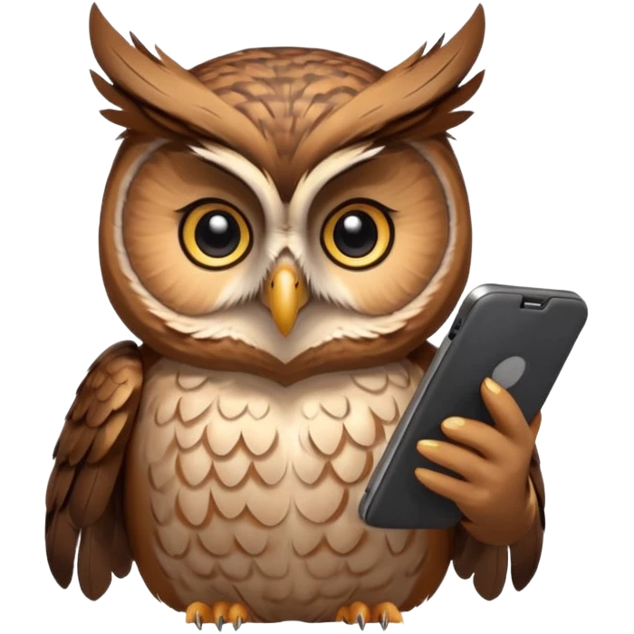 Сова  держит телефон крылом, внимательно слушает, блокнот под лапой  emoji