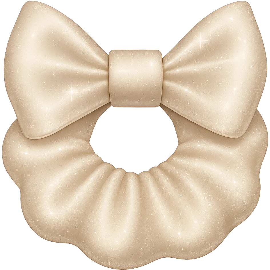 Add a shimmer effect to the small silky white scrunchie with a bow in the style of emoji (apple style emojis). Keep the shimmer subtle and delicate, enhancing the silky texture. Remove the background. emoji